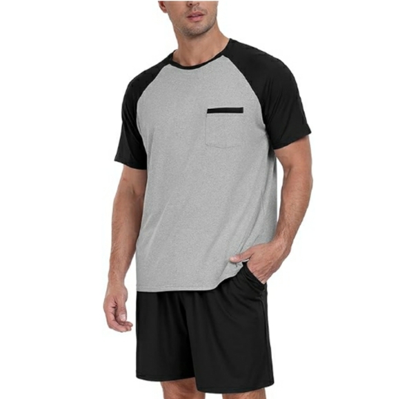 Men's Pajama Set Sleepwear Lightweight Short Sleeve Black /Gray New